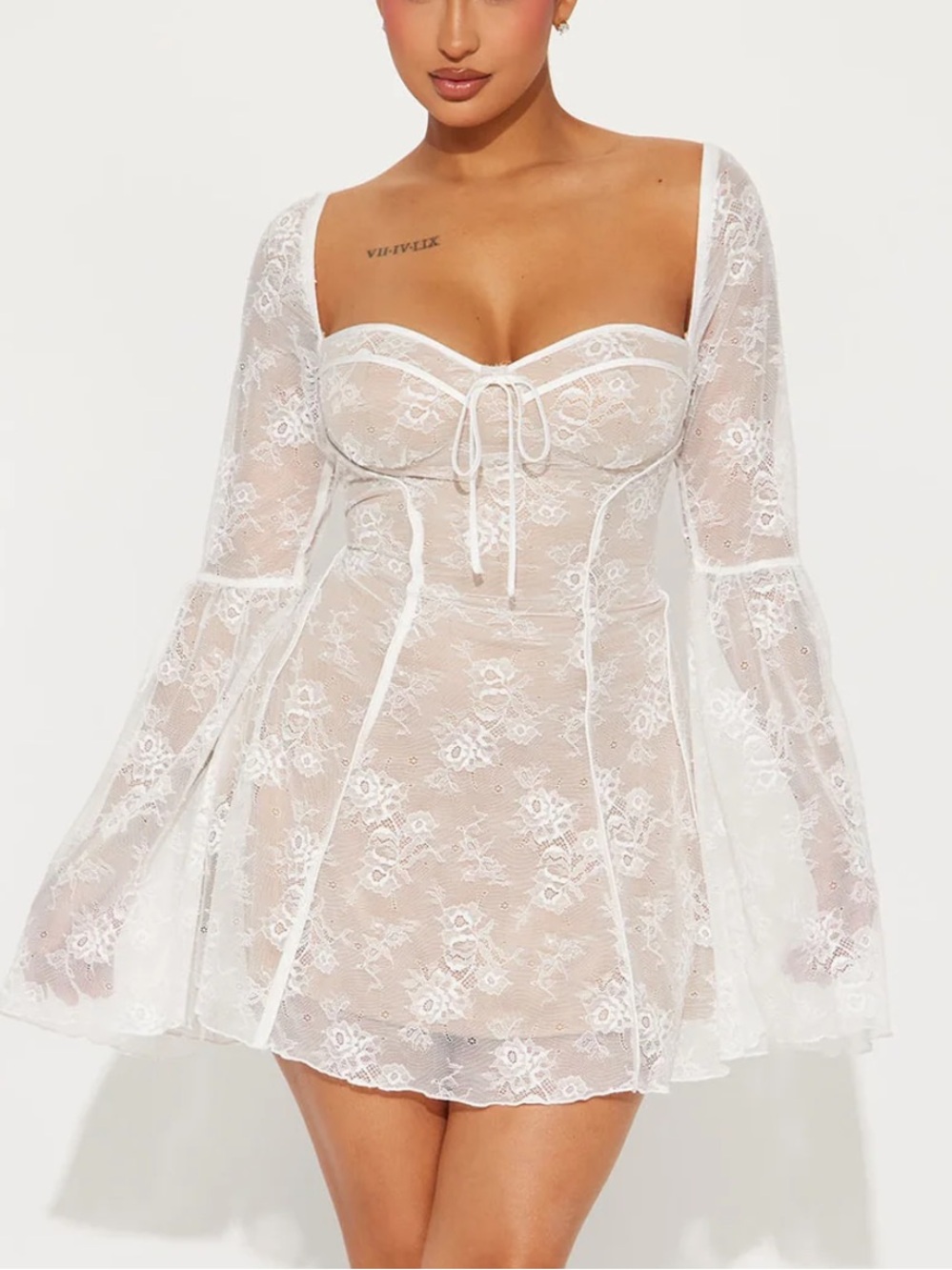 Fashion Nova White Lace Mini Dress with Bell Sleeves